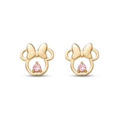 These magical stud earrings feature playful pink cubic zirconia framed by Minnie's iconic silhouette in brilliant 14K yellow gold. The earrings secure with friction backs. Gold Earrings For Kids, Mickey Earrings, Minnie Mouse Earrings, Kids C, Baby Earrings, Minnie Mouse Pink, Disney Gift, Disney Stars, Kids Earrings