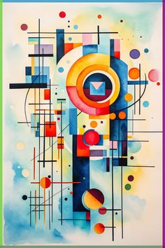 an abstract painting with many different colors and shapes on the surface, including circles and lines