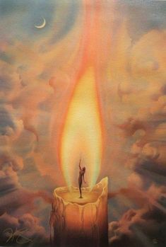 a painting of a person standing on top of a burning candle