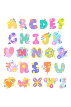 the letters are made up of different colors and shapes, including one with an animal on it