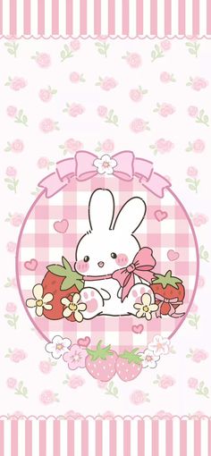 a pink and white wallpaper with a bunny holding strawberries