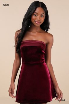 Tell me you're the perfect party invite without telling me in the Lulus Captivating Admiration Burgundy Velvet Strapless Mini Dress! Plush velvet shapes this extra-sweet dress that features a straight neckline, with hidden no-slip strips and a satin fold-over detail, that tops a strapless, princess-seamed bodice. High, fitted waist sits atop a lightly structured skater skirt that falls to a cute mini hem. Hidden back zipper/clasp. Fit: This garment fits true to size. Length: Mid-thigh. Bust: Great for any cup size. Waist: Fitted - very fitted at natural waist. Hip: Not Fitted - fuller skirt allows room for hips. Undergarments: May be worn with a strapless bra, adhesive bra, petals, or no bra. Fabric: Fabric has some stretch. Unlined. Shell: 95% Polyester, 5% Spandex. Contrast: 100% Polyest Burgundy Dress Short, Velvet Dress Mini, Red Graduation Dress, Mini Dress Velvet, Velvet Dresses Outfit, Maroon Mini Dress, Mini Red Dress, Velvet Dress Short, Burgundy Skirt