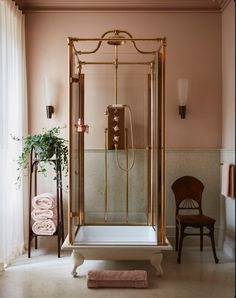 a bath room with a stand up shower next to a chair and a potted plant