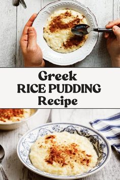 a bowl of greek rice pudding on a table with two hands holding a spoon over it