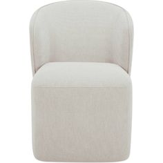 an upholstered chair with a rounded back and foot rest in light grey fabric