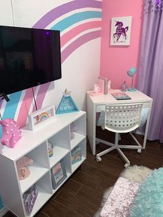 a child's bedroom with pink, blue and white decor on the walls is shown