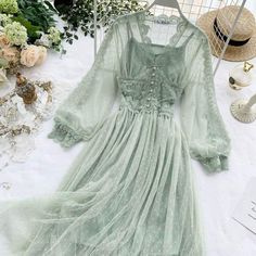 Color：Apricot, light green, pink, gray blue Size reference：（unit：cm） M Skirt Length 108 Bust 80-92 Waist 60-80 Sleeve Length 56 L Skirt Length 108 Bust 84-96 Waist 60-80 Sleeve Length 56 Lace Fairy Dress, Lace Mesh Dress, Puff Sleeves Dress, Mori Girl Fashion, Cottagecore Fashion, Long Sleeve Lace Dress, Fairy Dress, Tulle Lace, Lolita Dress