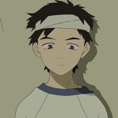 an anime character with black hair wearing a white shirt and headband, looking at the camera