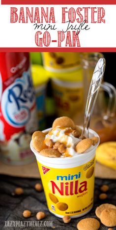 banana fosterer ice cream in a cup with nuts on the side and text overlay that reads, banana fosterer go - pak