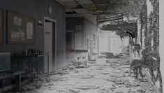 an old room with broken walls and debris on the floor