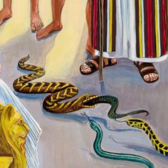 a painting of two people standing next to snakes on the ground and one is holding a snake