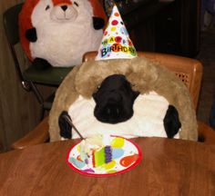 a stuffed animal is sitting at a table with a birthday cake