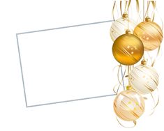 christmas ornaments hanging from the ceiling with a white frame in front of them and an empty space for text