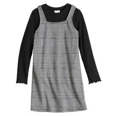 Give her cool weather wardrobe a stylish refresh with this girls' long sleeve tee and plaid dress ensemble from Jumping Beans. Click on this KIDS APPAREL & SHOES GUIDE to find the perfect fit and more! Give her cool weather wardrobe a stylish refresh with this girls' long sleeve tee and plaid dress ensemble from Jumping Beans. Click on this KIDS APPAREL & SHOES GUIDE to find the perfect fit and more! FEATURES Includes t-shirt & dress T-shirt: crewneck, long sleeves Dress: square neck, sleeveless, knee length, allover plaid printFABRIC & CARE Polyester, rayon, spandex Machine wash Imported Size: 10. Color: Blk Houndsto Plaid. Gender: female. Shoes Guide, Dress Square Neck, Dress T Shirt, Long Sleeves Dress, Jumping Beans, Sleeves Dress, Dress Set, Plaid Dress, Toddler Sizes