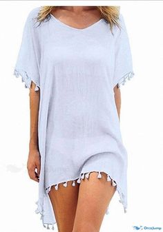 Orcajump - European Chiffon Beach Cover-up Shirt Flowy White Top For Beach Cover-up, Bohemian Beach Top, Solid Summer Tops For The Beach, Solid Summer Tops For Beach, Casual Tunic Tops For The Beach, Summer Beach Cover-up Flowy Blouse, Casual Tunic Cover-up For Beach Season, Casual Flowy Tunic Cover-up, Solid V-neck Blouse For The Beach