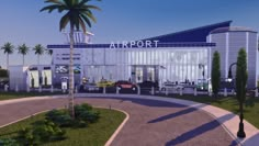 an artist's rendering of the airport building with palm trees and cars parked in front