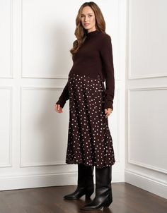 maternity, maternity dress, maternity jumper, maternity skirt, nursing jumper, nursing dress, mix and match, spot, pattern, brown, white, knit, roll neck, long sleeve, jersey nursing, midi, a line, skirt, ayra Midi A Line Skirt, Maternity Jumper, Postpartum Dresses, Dress Maternity, Maternity Skirt, Nursing Dress, Maternity Nursing, Line Skirt, Long Sleeve Jersey