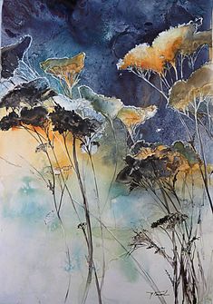 watercolor painting of yellow and blue flowers in the night sky with stars above them