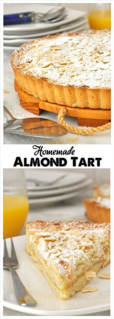 two different views of an almond tart on a plate with orange juice in the background