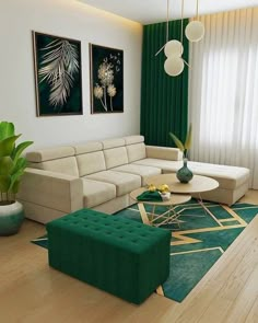 a living room with green and white decor