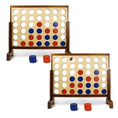 two wooden game boards with red, white and blue dots