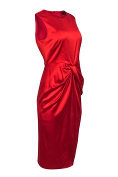 Get ready to unleash your inner seductress with the captivating Donna Karan red satin dress. With its middle ruching that accentuates your curves in all the right places, this dress is the perfect choice for a holiday glam party. Its luscious red hue is sure to ignite sparks and turn heads wherever you go. Pair this with dazzling chandelier earrings and a sparkling clutch, elevate your style and let your inner diva shine. Size 8 Shell 83% Triacetate, 17% Polyester Lining 100% Polyester Sleeveles Chic Red Sleeveless Satin Dress, Sleeveless Satin Dress With Ruched Bodice For Night Out, Sleeveless Silk Satin Dress With Pleated Bodice, Red Sleeveless Satin Dress For Night Out, Sleeveless Satin Dress With Pleated Bodice For Cocktail, Sleeveless Satin Dress With Fitted Bodice For Date Night, Sleeveless Satin Dress With Ruched Bodice For Date Night, Red Satin Finish Dress For Night Out, Red Dress With Satin Finish For Night Out