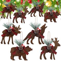 wooden moose ornament ornaments with pine cones and red plaid bows hanging from a christmas tree