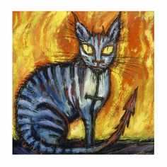 a painting of a cat sitting in front of a fire with an arrow on it