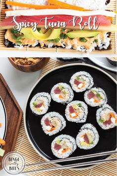 sushi rolls with tuna and avocado on top are shown in this collage