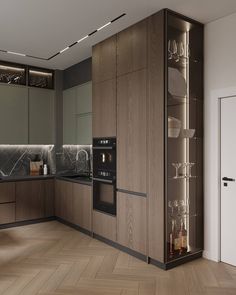 a modern kitchen with wooden floors and dark wood cabinetry, glass shelves on the wall