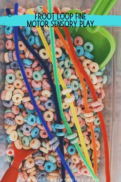 a plastic container filled with lots of colorful cereal