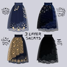 three different skirts with stars on them, one in blue and the other in gold