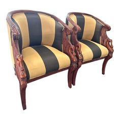 two chairs with black and yellow striped upholsters on each side, one is facing the other