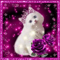 a white cat wearing a tiara and sitting next to a purple rose with hearts in the background