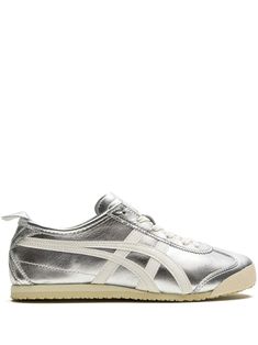 Shop Onitsuka Tiger MEXICO 66 "Silver Off White" sneakers Classic Silver High-top Sneakers, Metallic Low-top Sneakers For Sports, Modern Metallic Sneakers For Streetwear, Modern Metallic Silver Sneakers For Streetwear, Sporty Metallic Silver Leather Sneakers, Classic Silver Sneakers, Metallic High-top Sneakers For Streetwear, Metallic Sneakers With Rubber Sole For Streetwear, Modern Silver Sneakers With Laces