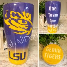 three pictures of the same purple and yellow tumbler with one team on each side