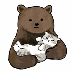 a brown bear holding a white cat in its arms and cuddling it's paws