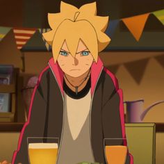 an anime character sitting at a table with food and drinks