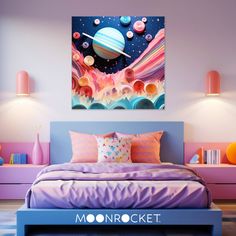 a bedroom with pink, blue and purple decor