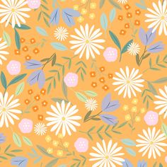 an orange background with white flowers and green leaves on the bottom right hand corner, in pastel colors