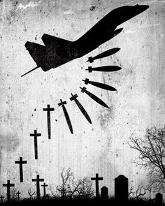 a black and white image of a plane flying over crosses in the sky above a graveyard