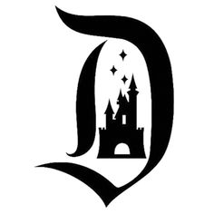 the letter d with a castle and stars on it's side, in black and white