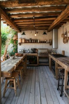 an outdoor kitchen with wooden tables and stools