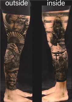 the legs are covered with tattoos on them and there is an image of a man's leg