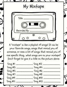 a printable book with an image of a cassette player and music notes on it