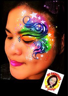 Joker Girl, Rainbow Face Paint, Glitter Bar, Rainbow Face, Face Paintings, Facepaint, Eye Design, Cosmetology, Body Painting