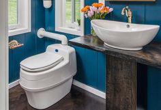 a white toilet sitting next to a bathroom sink under a window in a blue room