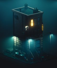 an image of a house in the middle of the night with lights shining on it