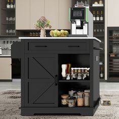 a kitchen island with an open door on the side and shelves below it that are filled with food