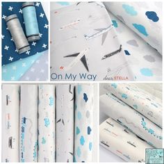 several different images of fabric with airplanes and clouds on them, one is blue and the other has white